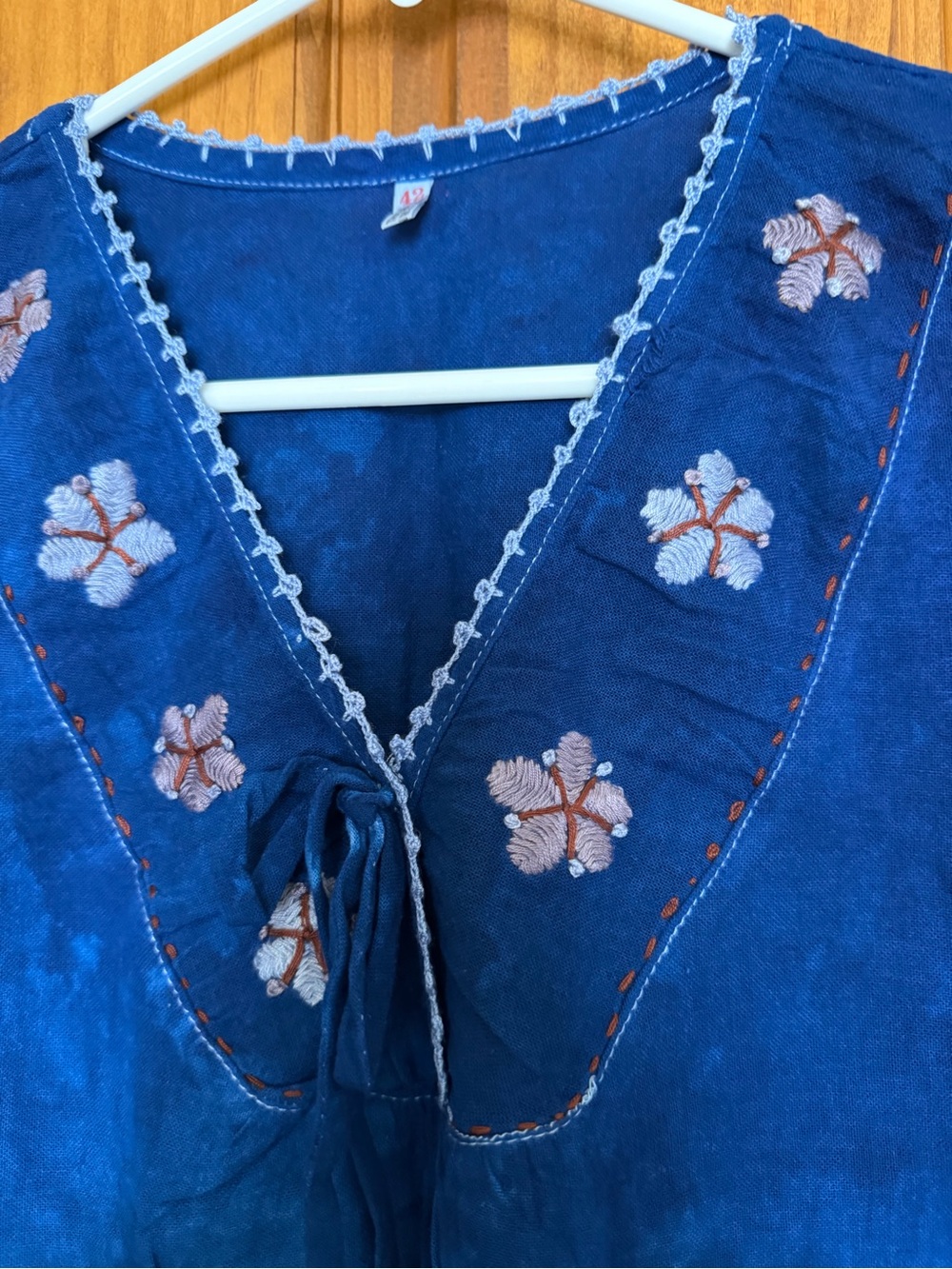 Indigo Tie-Dye Embroidered V-Neck Top - Picture 2 of 9
